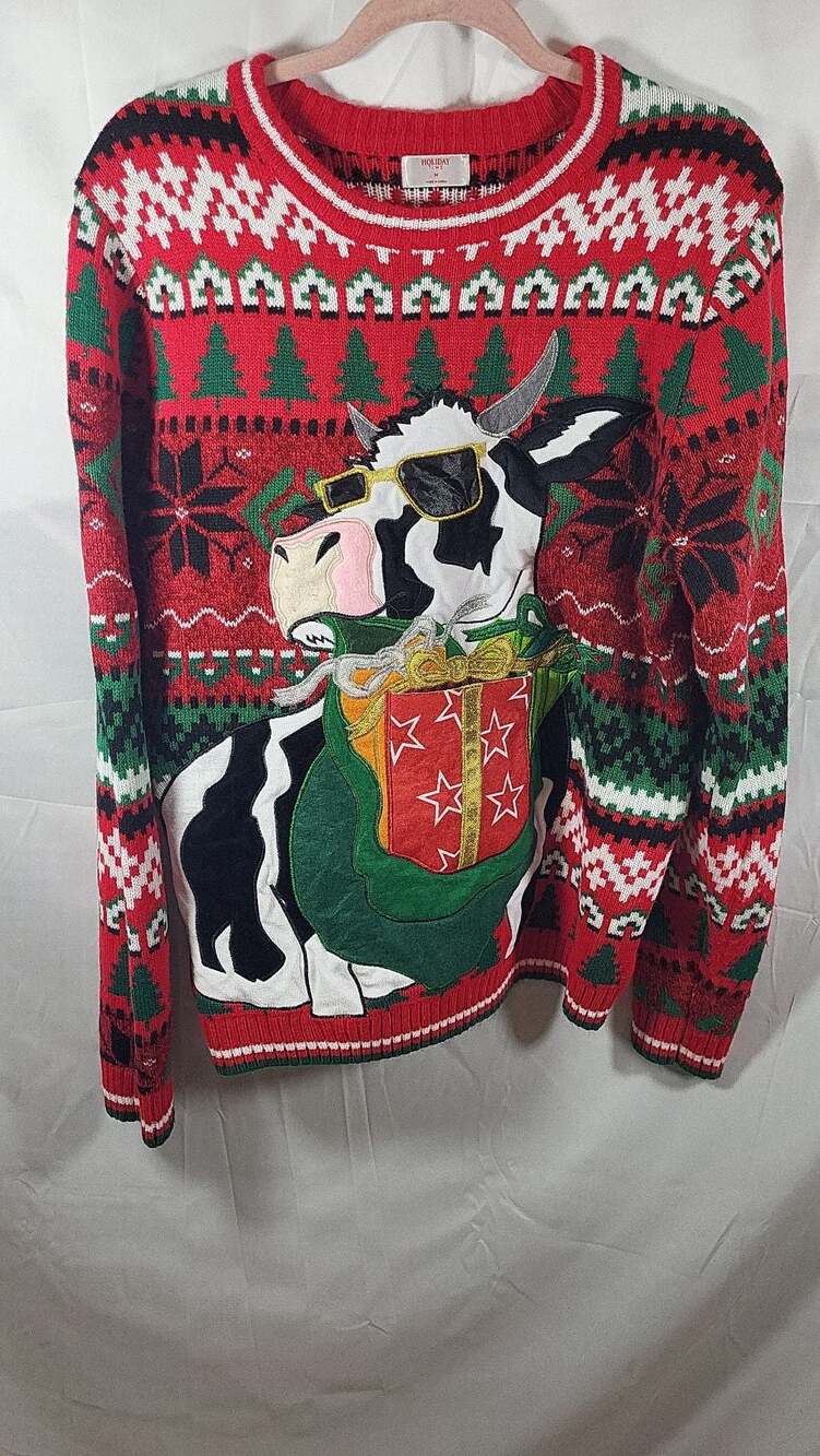 Holiday Time Men's Ugly Christmas Sweater with Drink Pocket and 3D Cow Motif, si